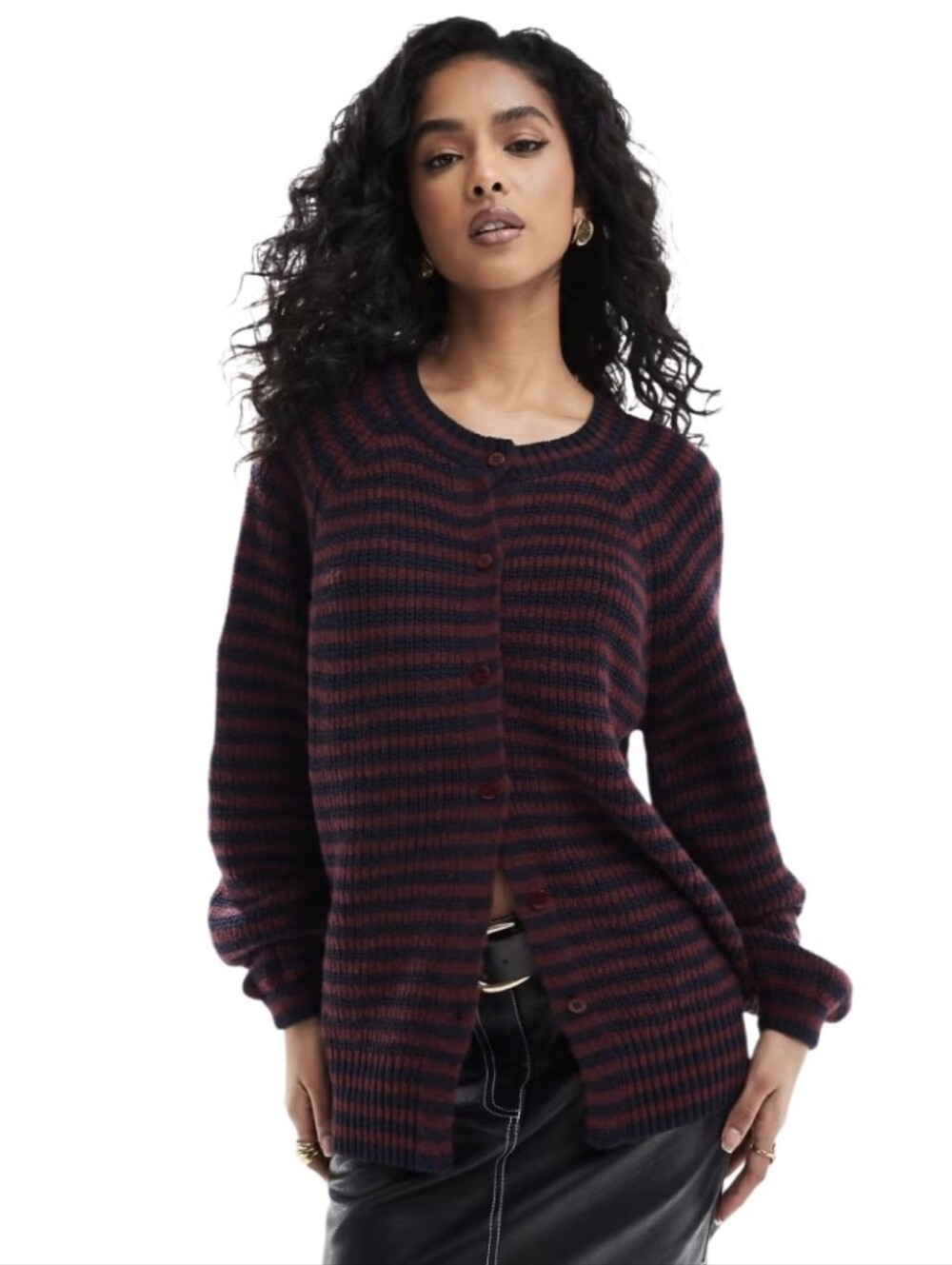 ASOS Design Blue Burgundy Chunky Knit Button Up Cardigan Sweater Womens Large